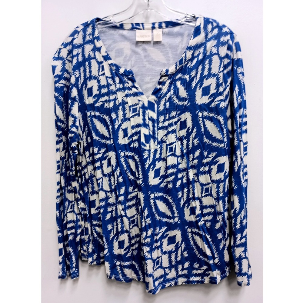 Chicos Ikat Print V-Neck Tunic Top Womens Large Blue White Long Sleeve BOHO